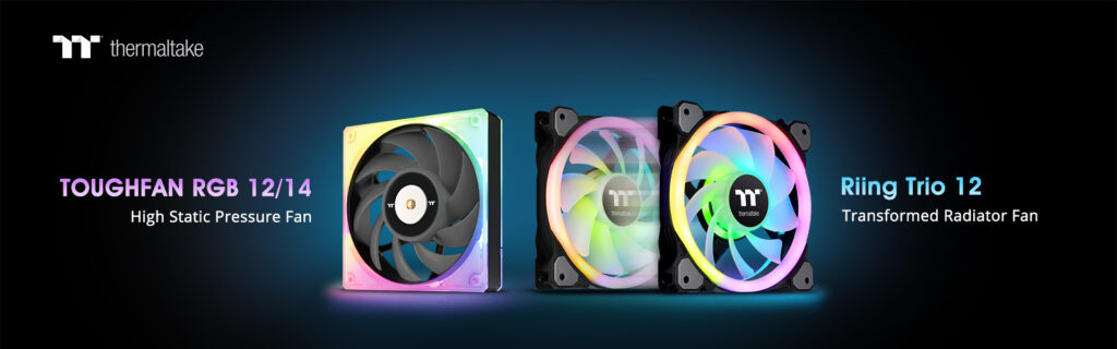 A THERMALTAKE BEMUTATJA A TOUGHFAN RGB 12/14 NAGY STATIKUS NYOMÁSÚ ÉS RIING TRIO 12 RGB TRANSFORM RADIÁTORVENT