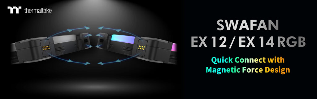A THERMALTAKE BEMUTATTA A MÁGNESES RÖGZÍTŐDIZÁJNÚ SWAFAN EX12/EX14 RGB PC-VENTILÁTORT