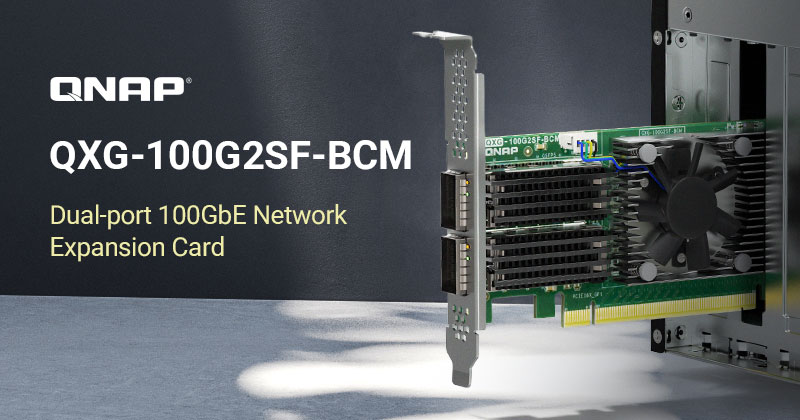 A QNAP BEMUTATJA A QXG-100G2SF-BCM-ET, EGY KÉTPORTOS, 100 GBE-S HÁLÓZATI BŐVÍTŐKÁRTYÁT