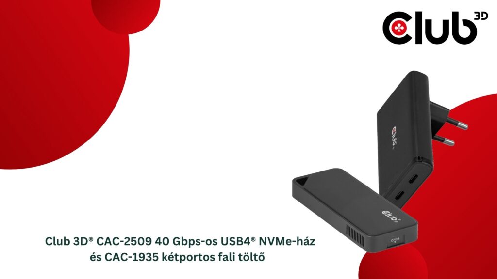 40 GBPS-OS USB4® NVME-HÁZ ÉS KÉTPORTOS FALI TÖLTŐ A CLUB3D-TŐL